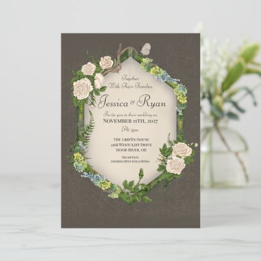 Große Rustikale Moos und Rose Einladung Hochzeit (Stehend Vorderseite)