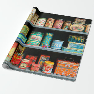 Große Sammlung von farbenfrohen Vintage-Dosen ausg Geschenkpapier
