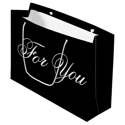 Große schwarze Designer Papiergeschenktasche Große Geschenktüte (Vorderseite Schrägansicht)