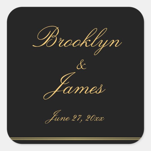 Große schwarze Gold Elegante Hochzeitskleber Quadratischer Aufkleber (Vorderseite)