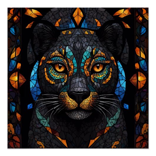 Große schwarze Katze Mosaik-Farbglas-Effekt Poster (Vorderseite)