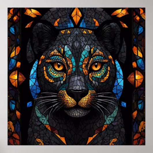 Große schwarze Katze Mosaik-Farbglas-Effekt Poster (Vorne)