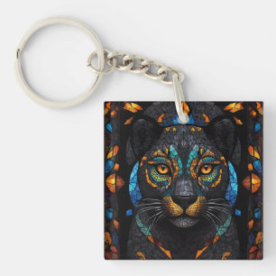 Große schwarze Katze Mosaik-Farbglas-Effekt Schlüsselanhänger
