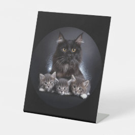 Große schwarze Katze und ihre 3 Kätzchen Pose für Sockelschild
