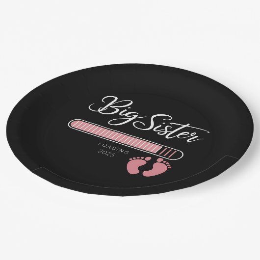 Große Schwester 2025 Ankündigung zur Schwangerscha Pappteller (Schrägansicht)