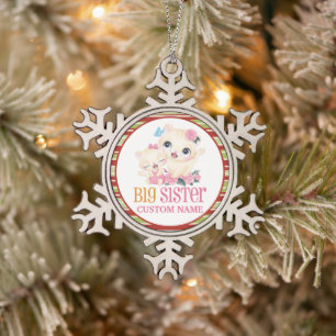 Große Schwester Buntes Monogramm und süße Katzen Schneeflocken Zinn-Ornament