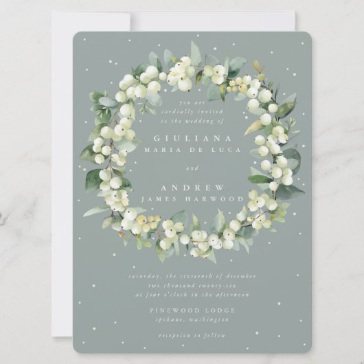 Große Seafoam Snowberry+Eucalyptus Wreath Wedding Einladung (Vorderseite)