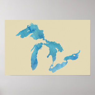 Große-Seen-Karte Silhouette in Aquarell Poster
