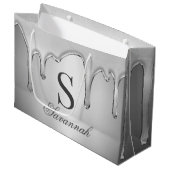 Große Silber-Chrome-Tropfen Flüssigmetall-Monogram Geschenktüte (Vorderseite Schrägansicht)