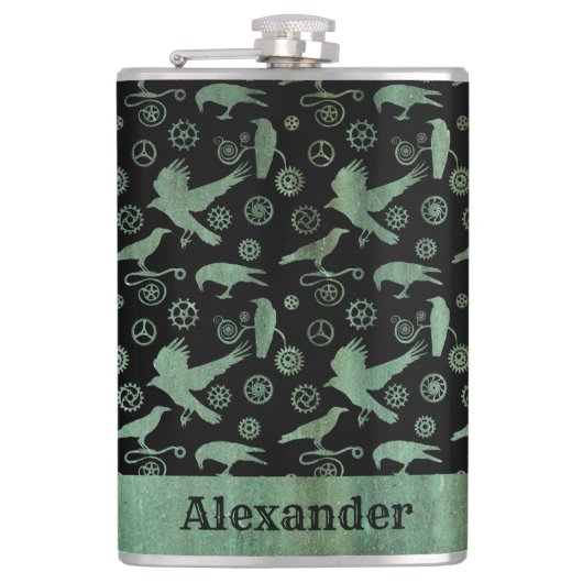 Große Steampunk-Verdigris-Gänse und Crows nach Maß Flachmann (Vorderseite)