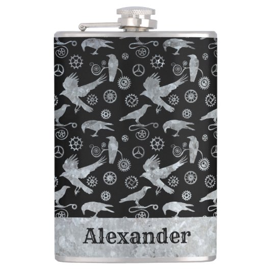 Große Steampunken Silberverzinkgestänge und -krähe Flachmann (Vorderseite)