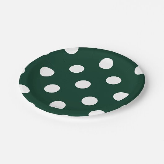 Große Tupfen - Weiß auf dunkelgrünem Pappteller (Schrägansicht)