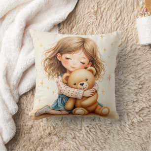 Große Umarmungen Süßes Mädchen umarmt Teddybär  Kissen