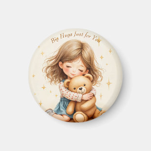 Große Umarmungen Süßes Mädchen umarmt Teddybär Magnet