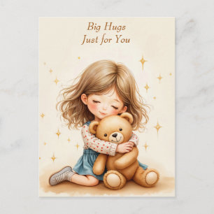 Große Umarmungen - Süßes Mädchen umarmt Teddybär Postkarte