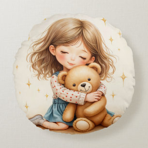 Große Umarmungen Süßes Mädchen umarmt Teddybär  Rundes Kissen
