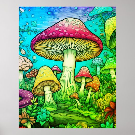 Große und kleine Pilze schwarzer Hintergrund an ei Poster (Vorne)