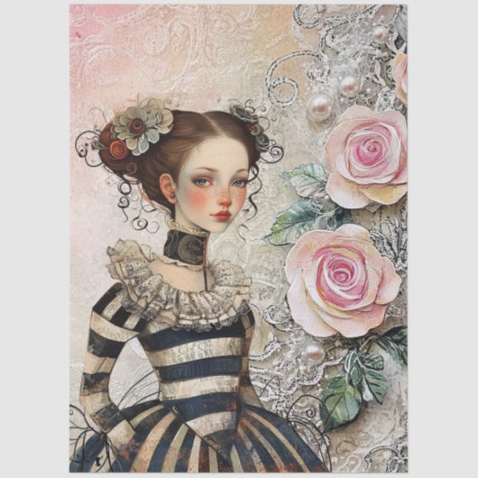 Große, Vintag Inspiriert Goth Girl & Pink Roses Seidenpapier (Vorderseite)