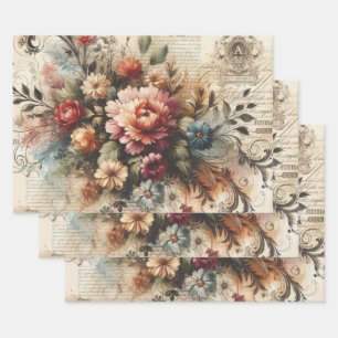 Große Vintage-Blumen-Möbel-Decoupage Geschenkpapier Set