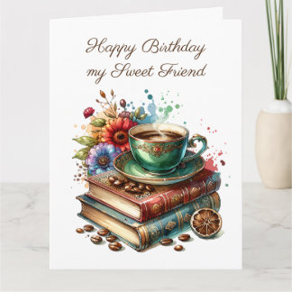 Große Vintage Bücher, Blume und Kaffee zum Geburts Karte