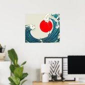 GROSSE WAVE UND ROTE SONNE Blau Weiß Nautik Poster (Heimbüro)