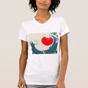 GROSSE WAVE UND ROTE SONNE Blau Weiß Nautik T-Shirt