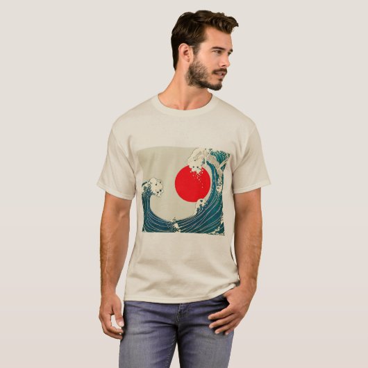 GROSSE WAVE UND ROTE SONNE Blau Weiß Nautik T-Shirt (Vorne ganz)