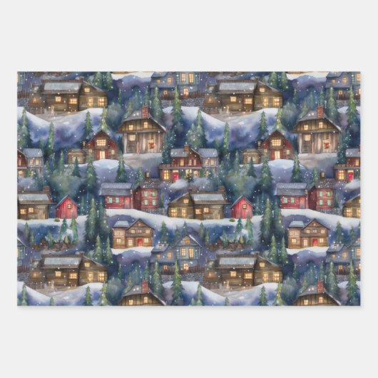 Große Weihnachtshütten Wasserfarbe Geschenkpapier Set (Vorderseite 3)