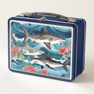 Große weiße Haie in den Abstürzen der Blüte Metall Brotdose