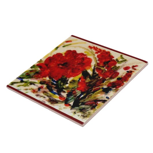 Große weiße Keramik Kachel, schöne Blumen in Rot! Fliese (Seite)