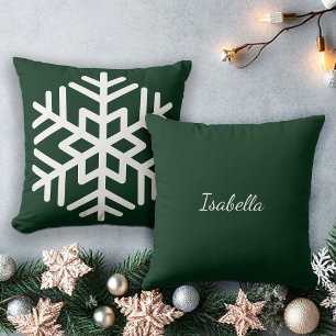 Große weiße Schneeflocke auf Waldgrün-Monogramm Kissen