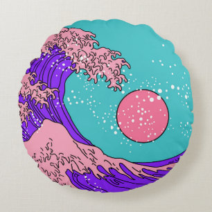 Große Welle im Vaporwave-Pop-Art-Stil. Ansicht auf Rundes Kissen