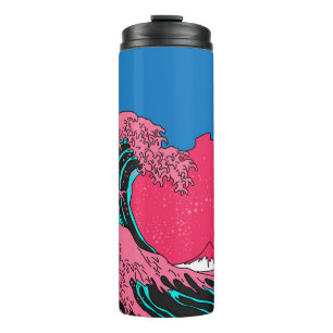 Große Welle im Vaporwave-Pop-Art-Stil. Ansicht auf Thermosbecher