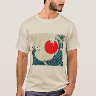 GROSSE WELLE UND ROTE SONNE Blau Weiße Seefahrt T-Shirt