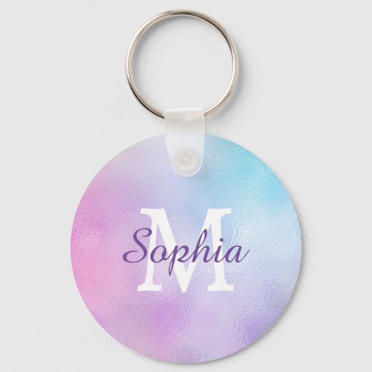 Große Whit Monogram und Lila Skriptname Iridescent Schlüsselanhänger (Vorderseite)
