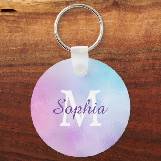 Große Whit Monogram und Lila Skriptname Iridescent Schlüsselanhänger (Rückseite)