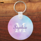 Große Whit Monogram und Lila Skriptname Iridescent Schlüsselanhänger (Vorderseite)