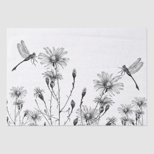 GROSSE Wildblume Dragonfly Decoupage Schwarz-weiß Seidenpapier (Vorderseite)