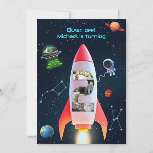 Große zwei FotoCollage | Rocket Space 2. Geburtsta Einladung (Vorderseite)