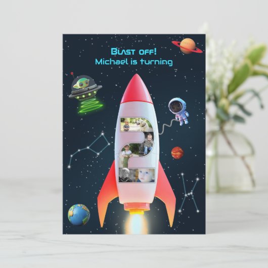 Große zwei FotoCollage | Rocket Space 2. Geburtsta Einladung (Stehend Vorderseite)