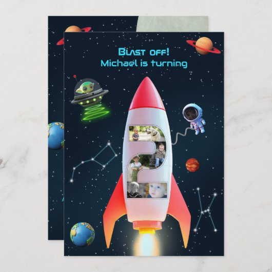 Große zwei FotoCollage | Rocket Space 2. Geburtsta Einladung (Vorne/Hinten)