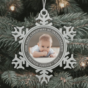 Großeltern 1. Weihnachten Baby Foto Grau & Weiß Schneeflocken Zinn-Ornament