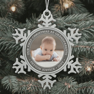 Großeltern 1. Weihnachtskind Foto Grau & Weiß Schneeflocken Zinn-Ornament