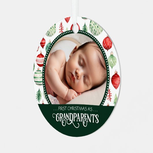 Großeltern Erstes Weihnachts-Foto Urlaubsmuster Ornament Aus Metall (Vorderseite links)