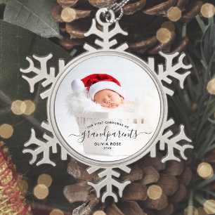 Großeltern Erstes Weihnachtsfoto Schwarze Schrift Schneeflocken Zinn-Ornament