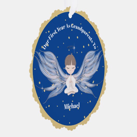 Großeltern Erstweihnachtliches Foto Angel Gold Blu Ornament Karte (Rechts)