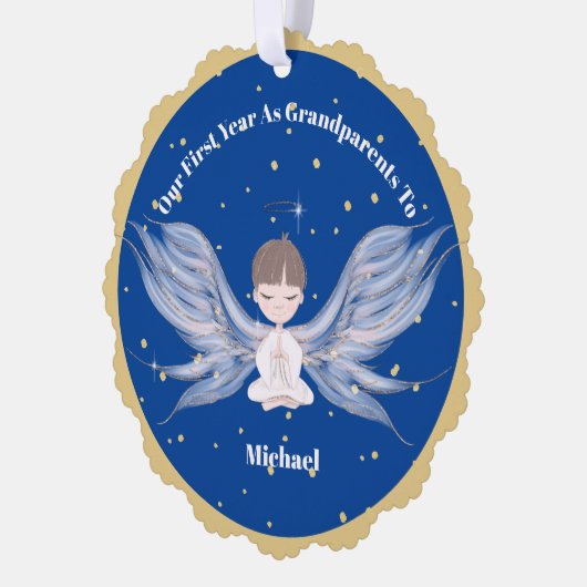 Großeltern Erstweihnachtliches Foto Angel Gold Blu Ornament Karte (Links)