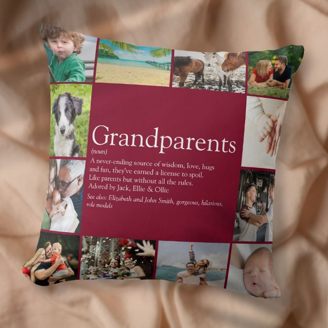 Großeltern Spaß Modernes Foto Collage Burgund Kissen (Grandparents Fun Modern Photo Collage Burgundy Throw Pillow)