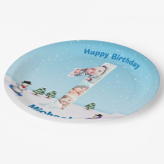 Grosser 1. Geburtstag Winterschnee Eisbedeckung Pappteller (Schrägansicht)