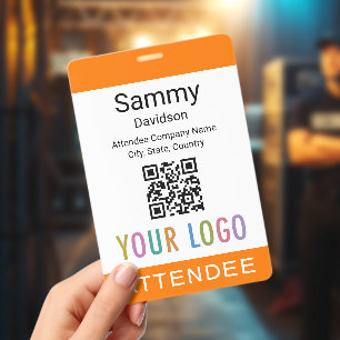 Großer 4x6 Namensschild QR-Code Event-Logo Orange Ausweis